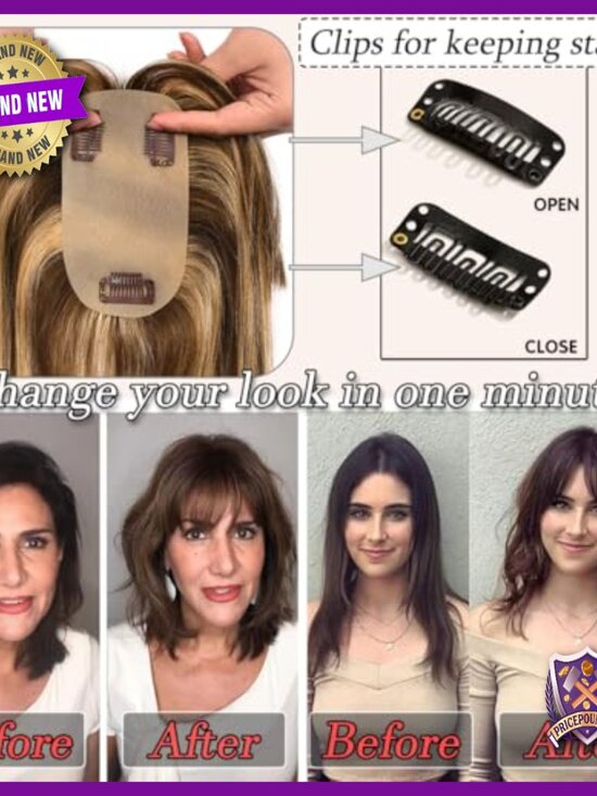 Human Hair Topper with Bangs for Thinning Hair - Clip-In Hairpiece